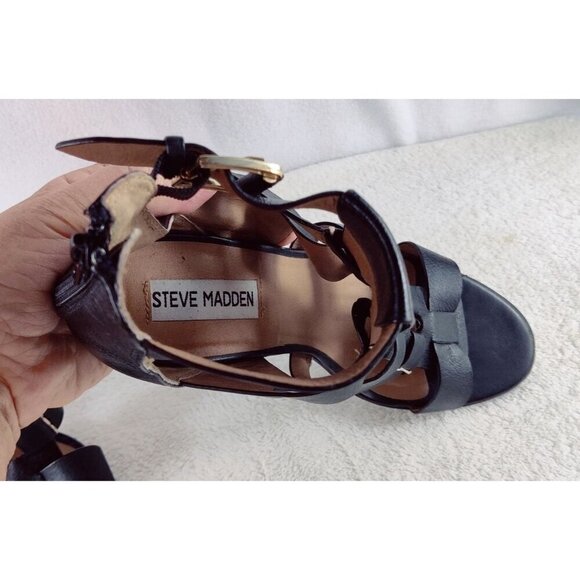 Steve Madden Black Leather Gladiator Sandal Stacked 4" Black Heel Sexy Size 7.5 - Picture 6 of 10